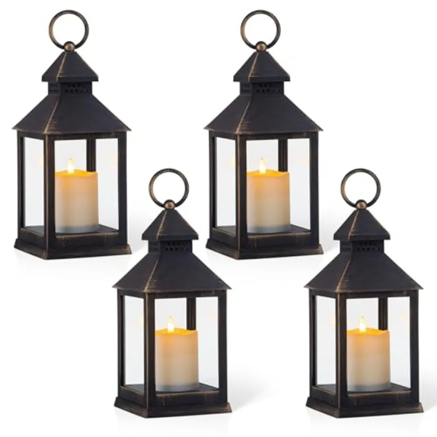 Vintage en Brushed Lantern Decorative LED Flickering Flameless Candle with Timer, Battery Powered LED Decorative Hanging Lanter