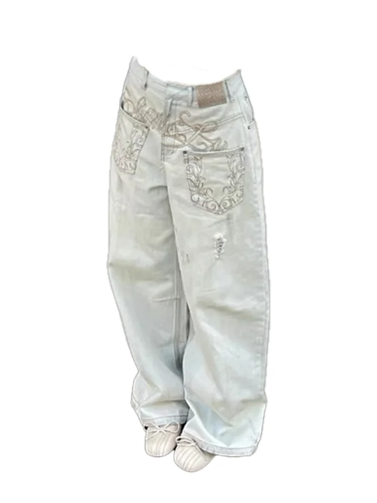 

Женские повседневные джинсы-карго с вышивкой, мешковатые Y2K, японский Harajuku High Street, 90-е годы, эстетические винтажные повседневные брюки, джинсовая одежда