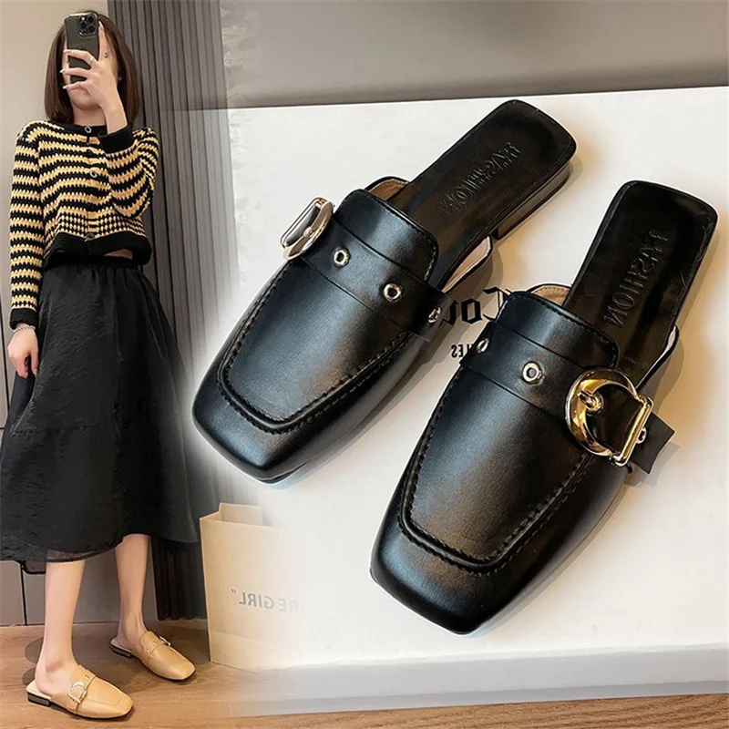 Square Toe Slippers Women Belt Buckle Ladies Shoes Summer Outdoor Mules Casual Shallow Slipper 2024 Solid Color Pantuflas Mujer