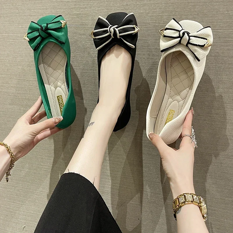 Green Bow Shoes Women\'s 2024 Spring /Autumn New Soft Bottom Comfortable All-match soft sole Shoes Loafers Women DRESS