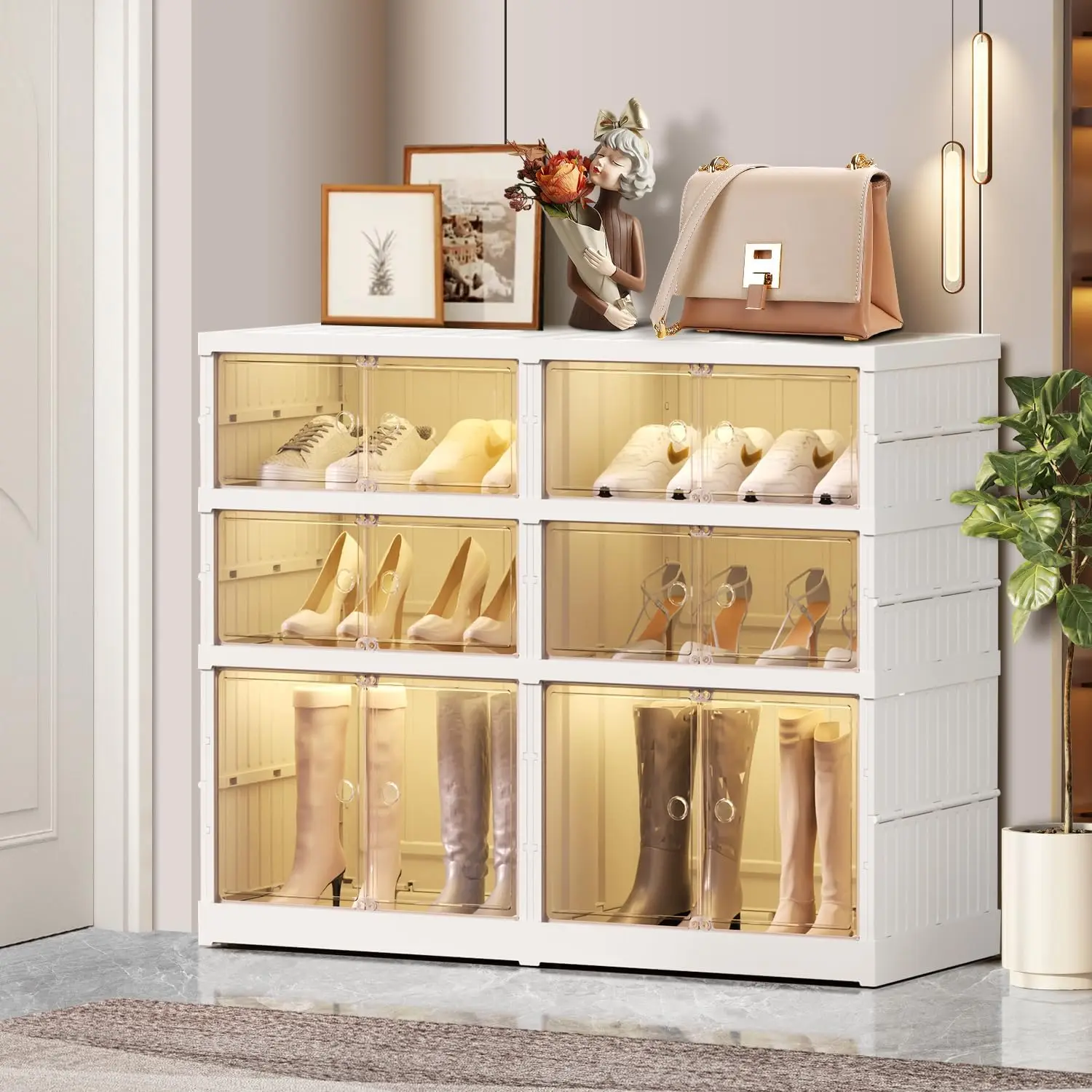 

3-Tier Foldable Shoe Rack Organizer for Closet 12Pairs Plastic Shoe Shelf Collapsible Shoes Storage Box Clear Shoe Boxes Stackab