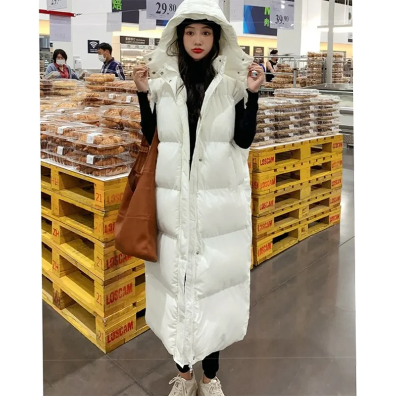 Autumn Winter Female Long Puffer Vest Sleeveless Down Cotton Coat 2024Women Long Waistcoat Korean Hood Puffer Vest Parkas Jacket