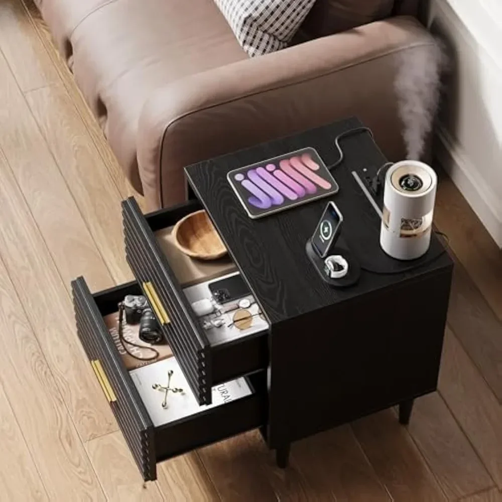 Black Nightstand with Charging Station Set of 2, 19