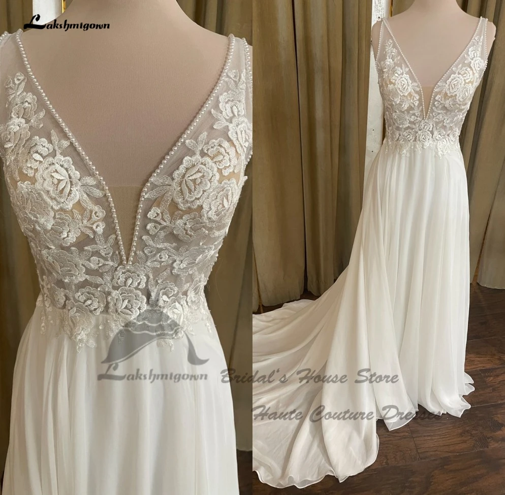 

Lakshmigown Simple A Line Chiffon Bridal Dresses For Wedding 2024 V Neck Lace Appliques Beach Receipt Party Gowns Backless