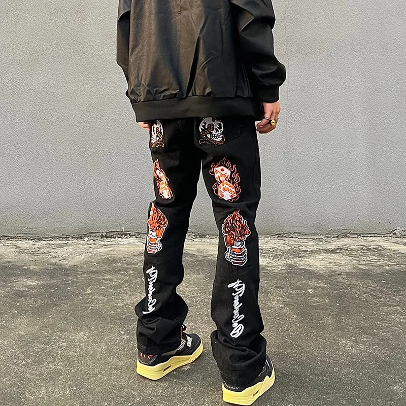 

Мужские прямые джинсы в стиле хип-хоп, большой размер 250, утягивающие микро расклешенные длинные брюки с вышивкой, повседневные джинсовые брюки