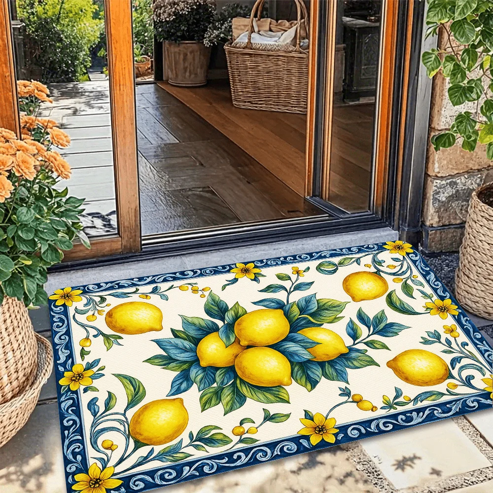 Tapis d'entrée imprimé citron bleu et blanc, antidérapant, pour salle de bain, chambre à coucher, salon, décoration de la maison