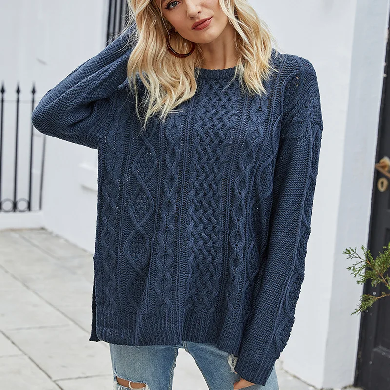 Jersey holgado informal de punto para mujer, conjunto de ropa superior con abertura de Cable y cuello redondo, otoño e invierno, novedad de 2023