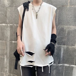 Fall Sleeveless Ripped Hole Men Tank Top Korean Fashion Trend 2xl 3xl Oversized All-match Inside T Shirt Hip Hop Punk Streetwear