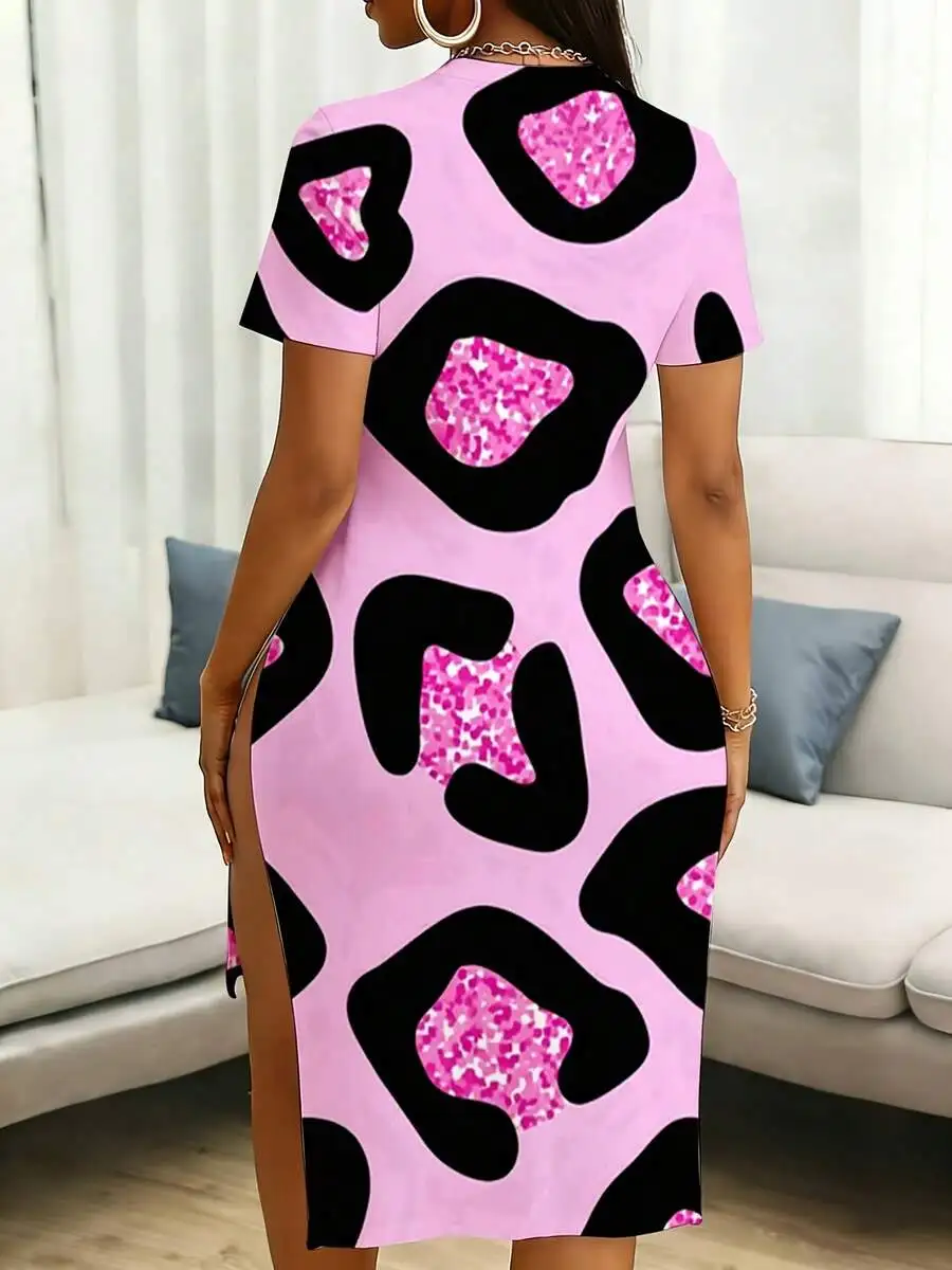 

Pink And Black Abstract Print V Neck Short Sleeve Midi Dress With Side Slit Women Casual Summer Dress