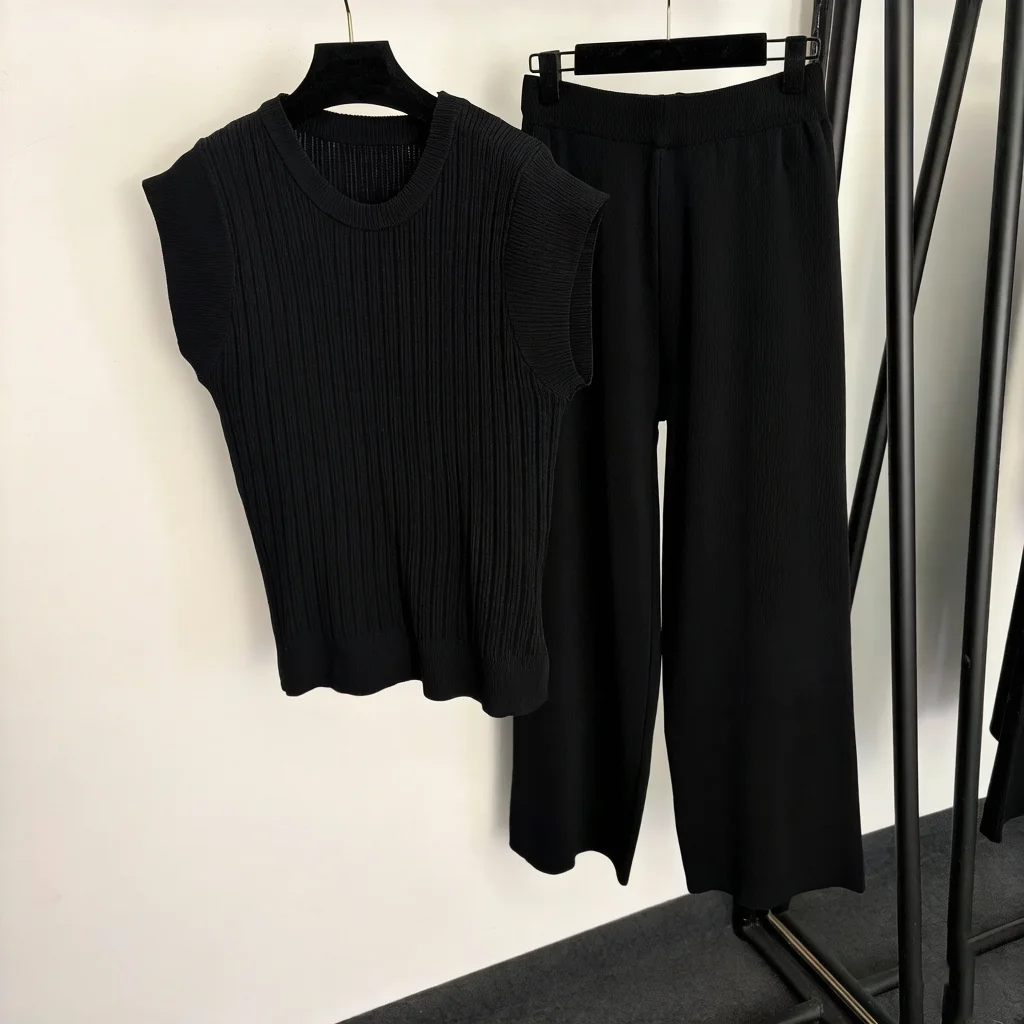 

High-End Fashion Casual Loose Solid Color Wool Knitwear Short Sleeve Pants Set Women's
