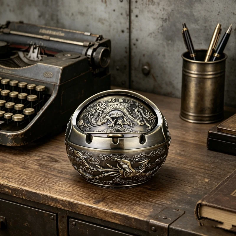 

2026 New Ashtray Zinc Alloy Windproof Semi Closed Cover 3D Enamel Design Globe Ashtray Large-bronze-Dragon and Phoenix