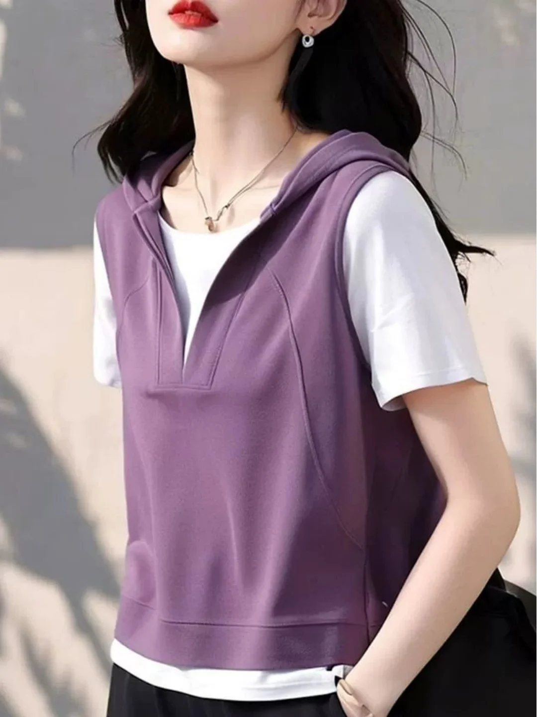 Summer plus Size 300 Pounds Extra Large Short Sleeve T-Shirt Hooded Color Block Casual Style Slimming Youthful Top for Women