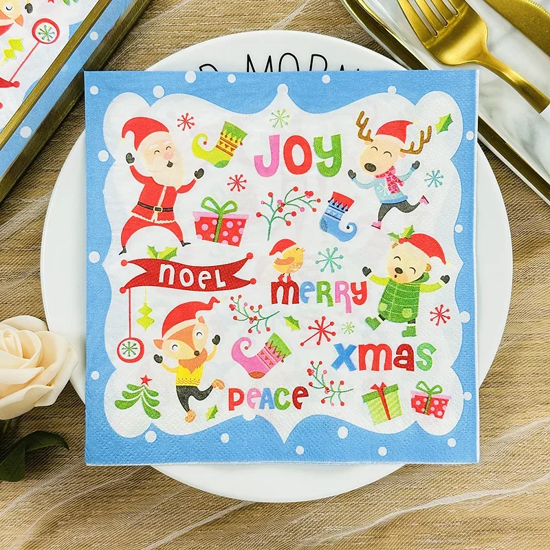 

Christmas Patterned Coloured Paper Napkins Blue Cartoon Print Napkins Western Table Accent Cloths Festive Party Decoration Mat