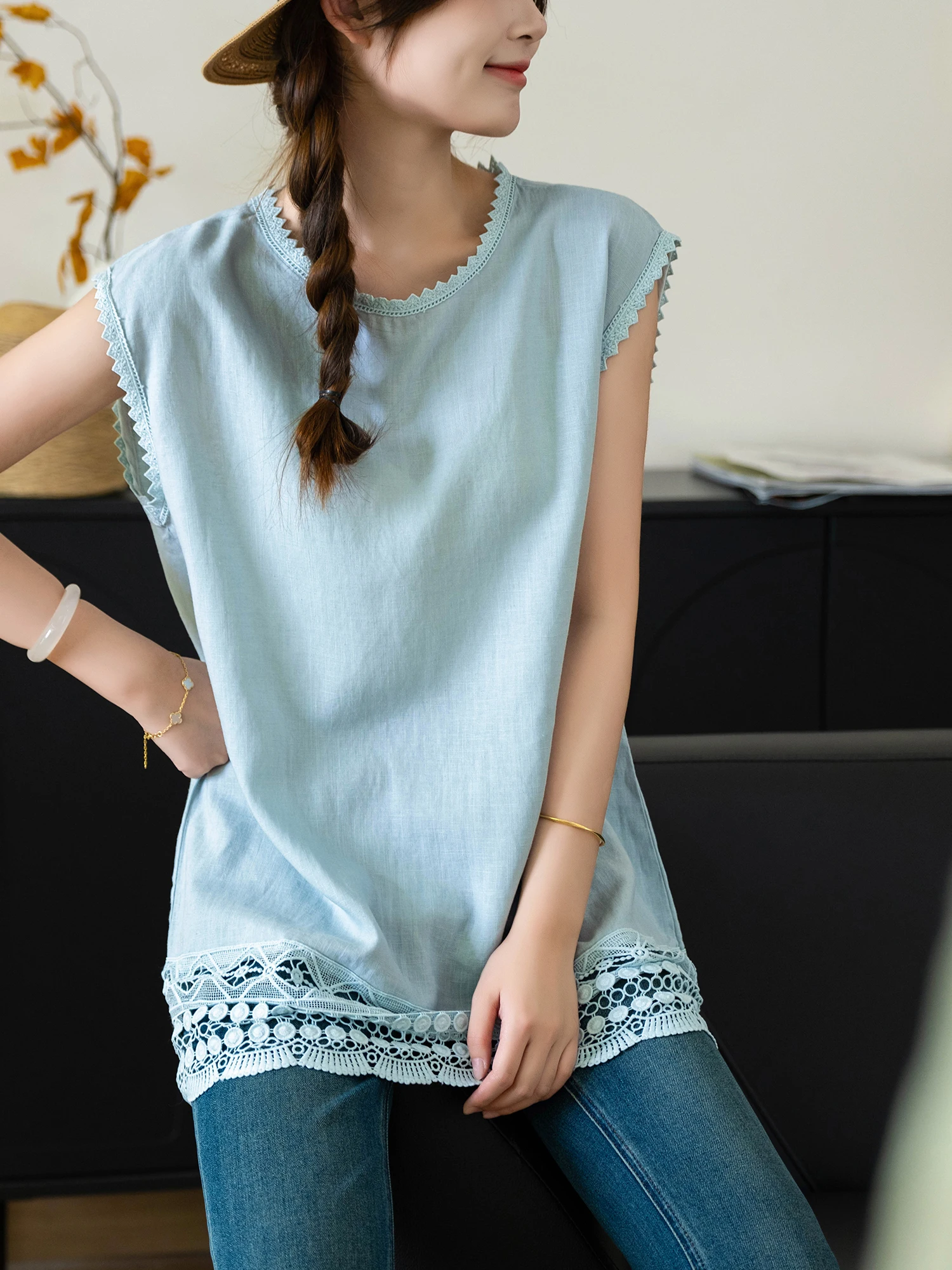 

Agel Han Han Hemp Lace Patchwork Vest Svel T-irt d with Floral Trim Heavy Embroidery Dyed Blue Ladies Summer Top