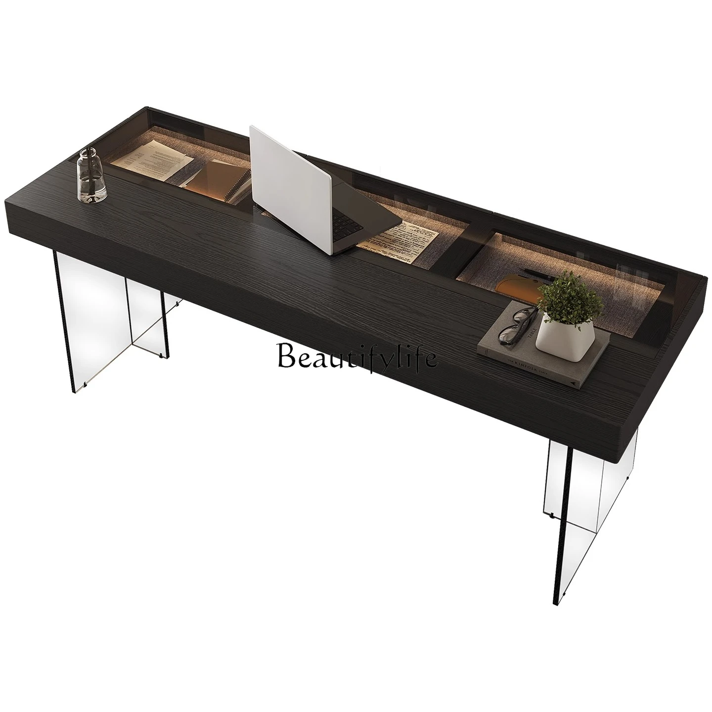 

Italian minimalist desk tempered glass acrylic suspended computer solid wood desk