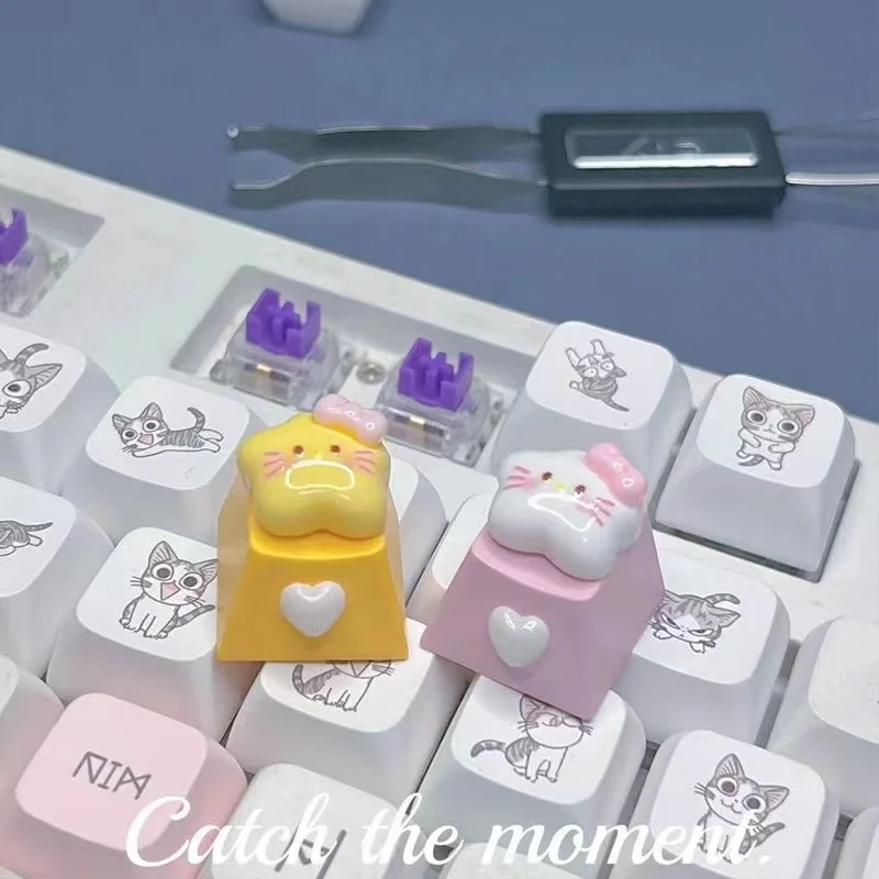 Cute Pink Mini Emoji Cat Bow Star Keycap Cross Axis R4 Cartoon Cat Mechanical Keyboard Keycap