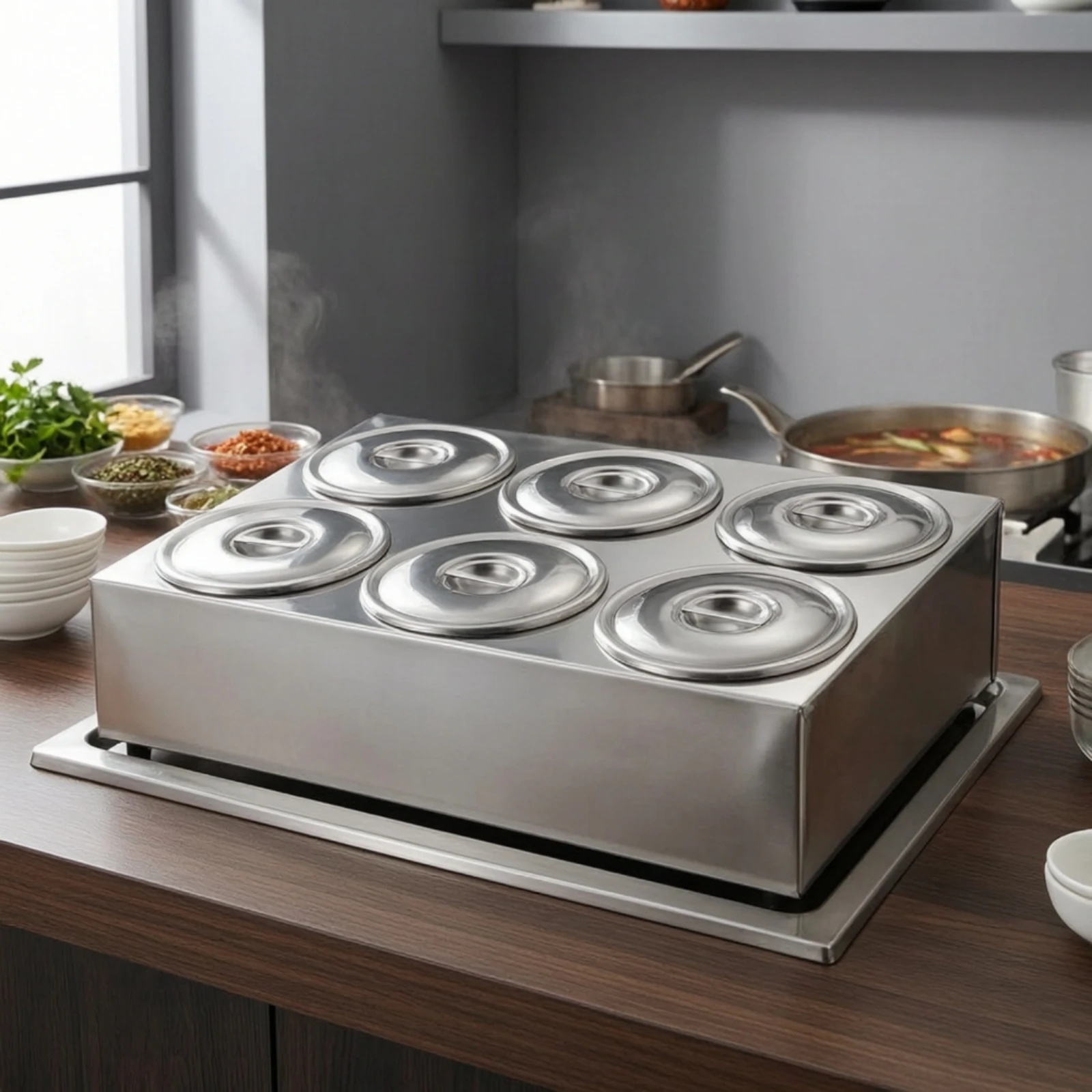 6-Compartment Condiment Dispenser Rust-Resistant Stainless Steel Seasoning Box Seasoning Box with Lid Easy-to-Clean