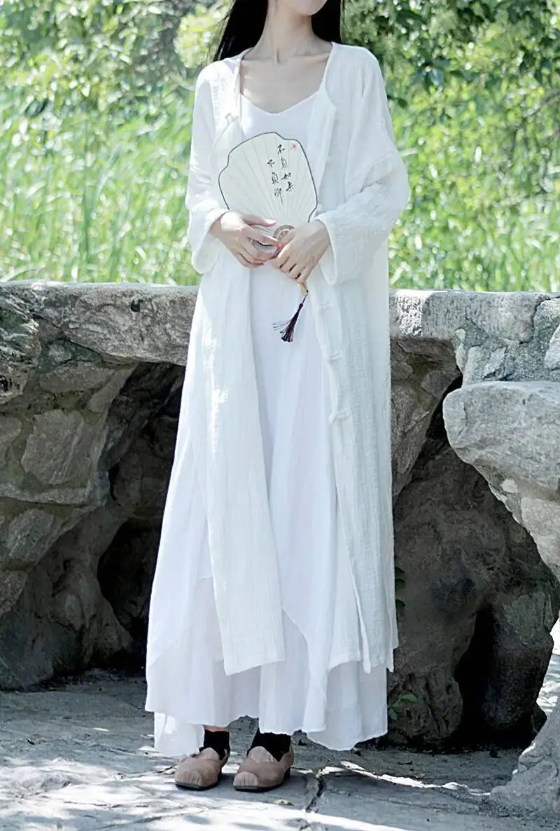 Damski płaszcz z bawełny i konopi UMI MAO, jesienny, w stylu retro, chińskim, sukienka, długi artystyczny kardigan zapinany na guziki, styl Y2K.