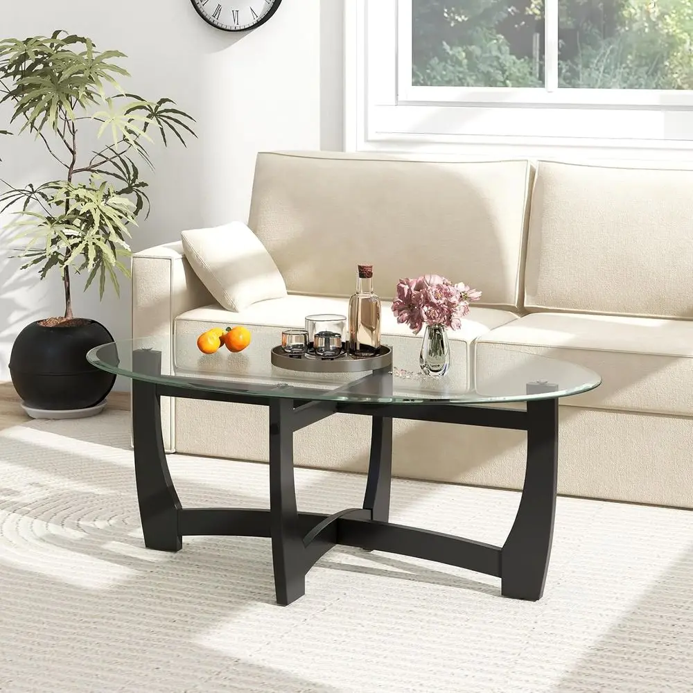

Glass Coee Table, 48" Oval Accent Tea Table with Tempered Glass Top & Solid Wood Structure, Simple ern Cocktail Table Center Tab