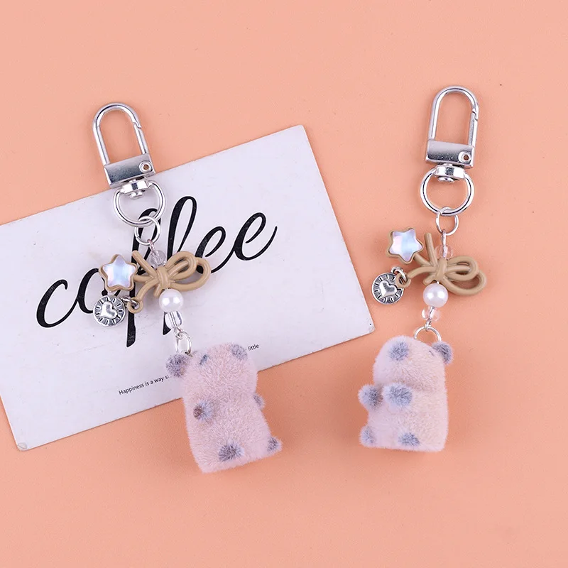 

New Cartoon Resin animal Charms Cute Flocking marmot Keychains Keyring with Bowknot Pearls Fun Bag Decoration