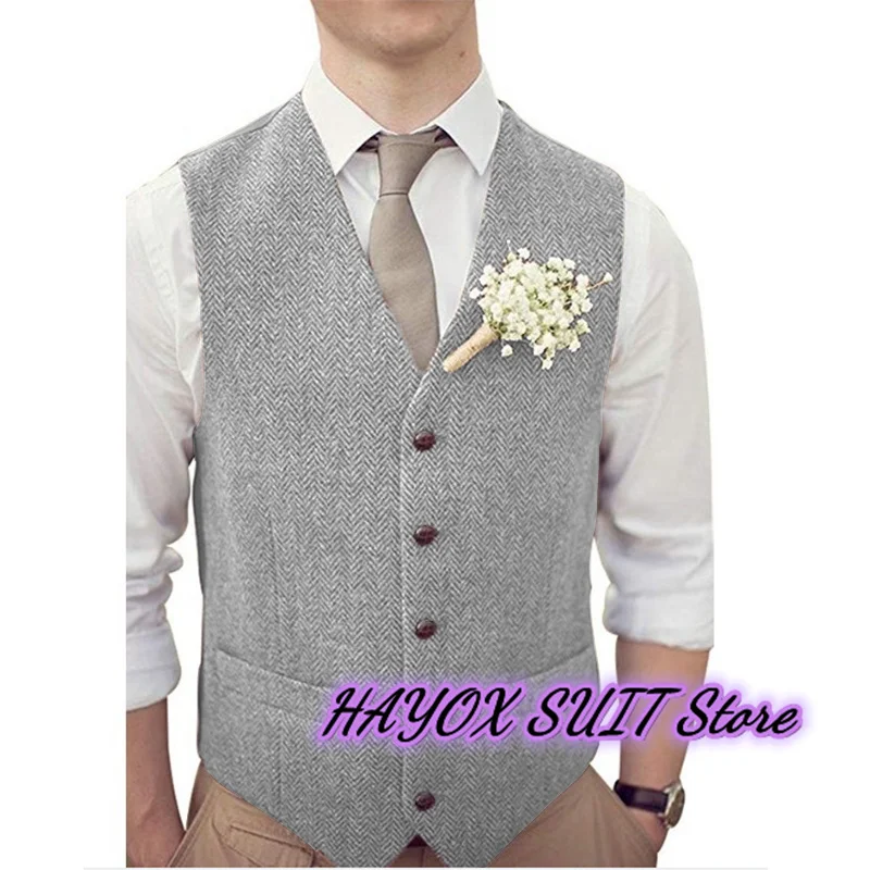 Tweed Men's Suit Vest Korean Style Slim Fit Single Breasted Chaleco Hombre Wedding Business Formal Herringbone Jacket Waistcoat