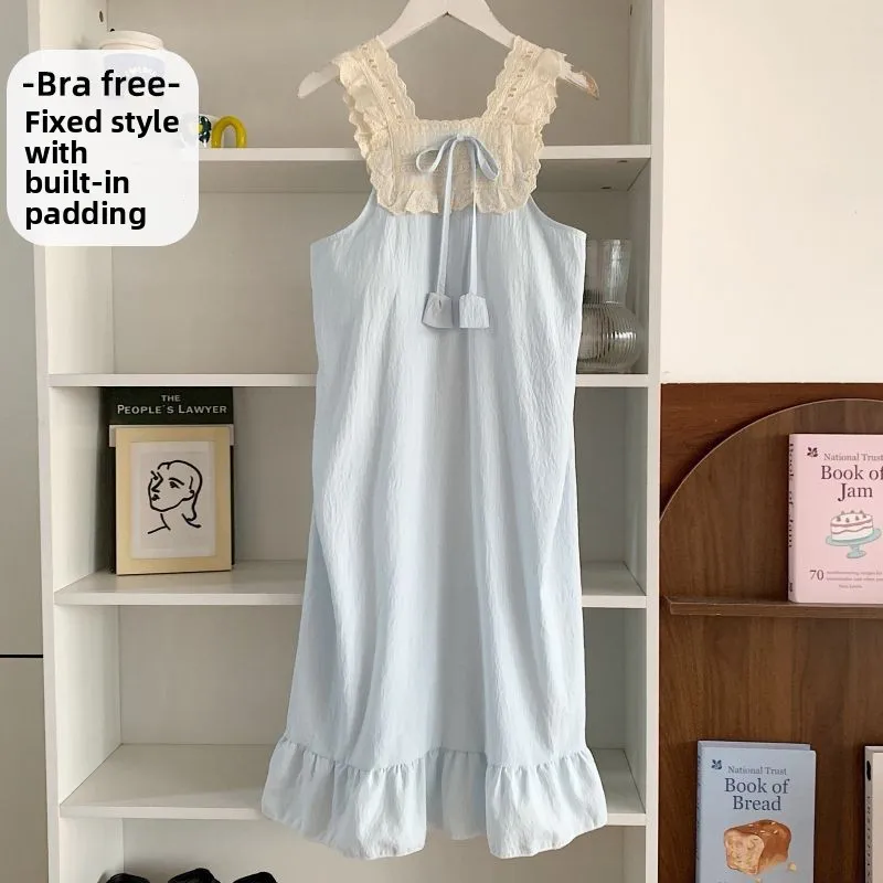 

Cute Princess Style Strap Sleep Dress Women's Cotton Lace Trim Nightgown with Chest Pad Home Clothes Summer Lightweight Long ...