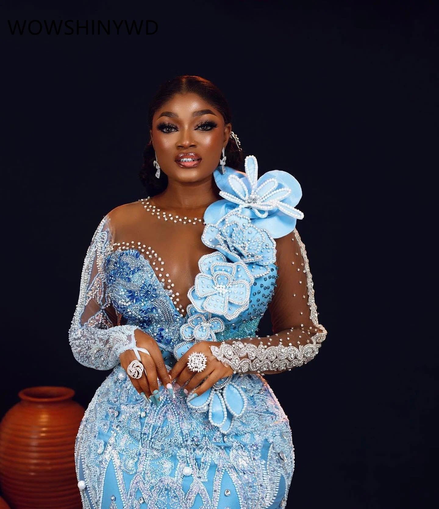 Aso Ebi-Robes de Rhsirène bleu ciel, perlées, paillettes, soirée formelle, deuxième fiançailles, anniversaire, quelles que soient les robes, ZJ120, 2024