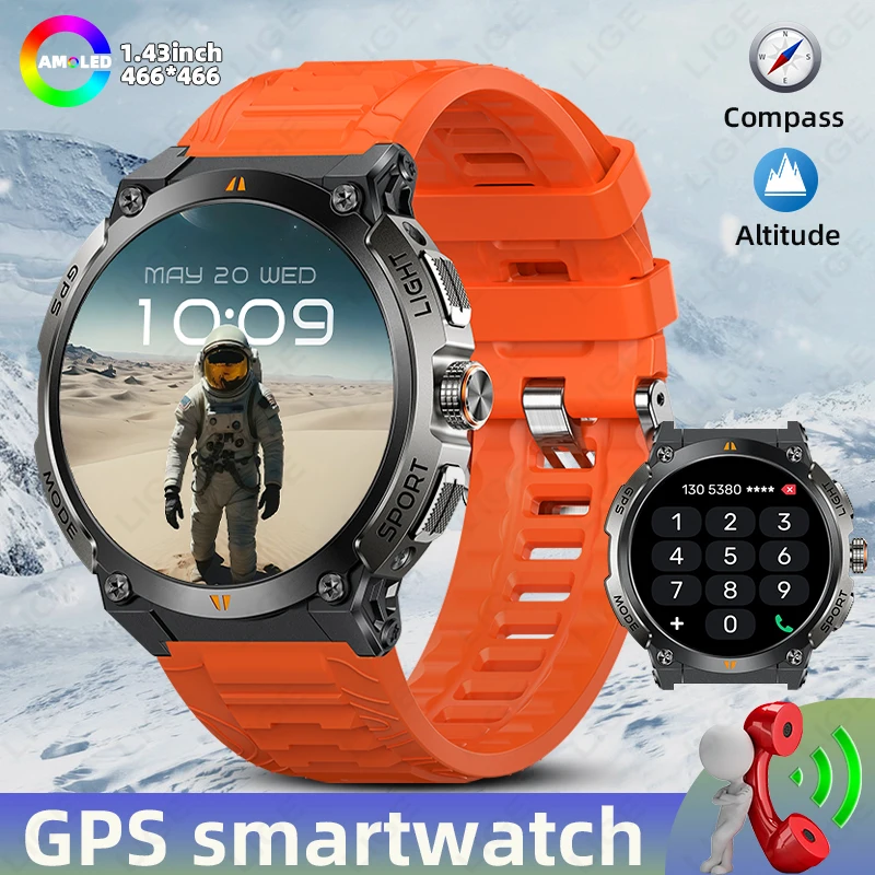 

Новые уличные умные часы для мужчин, уличный 1,43-дюймовый AMOLED-экран, компас, высота, IP68, водонепроницаемые, Bluetooth, спортивные умные часы для мужчин