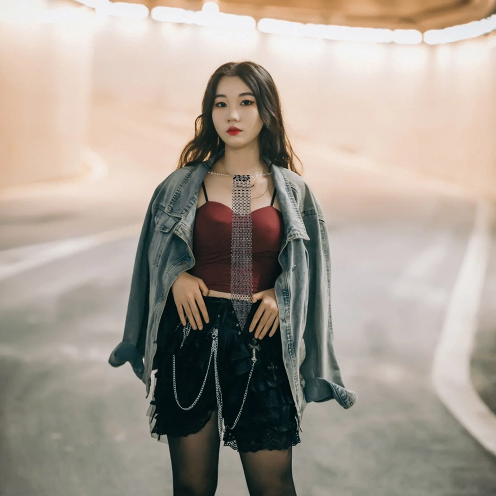 

Rhinestone Tie Multi Row Pattern Dazzling Party Nightclub Fashion Tie Necklace for Women Trendy Bling Neckwear