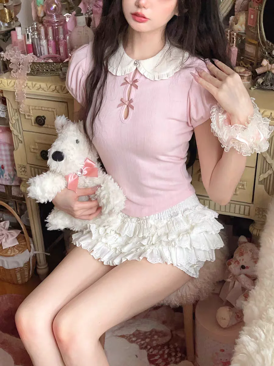 

Princess sweet lolita bobon21 french style girl Baby collar bow slimming thin knitted short sleeved lovely T-shirt T2323