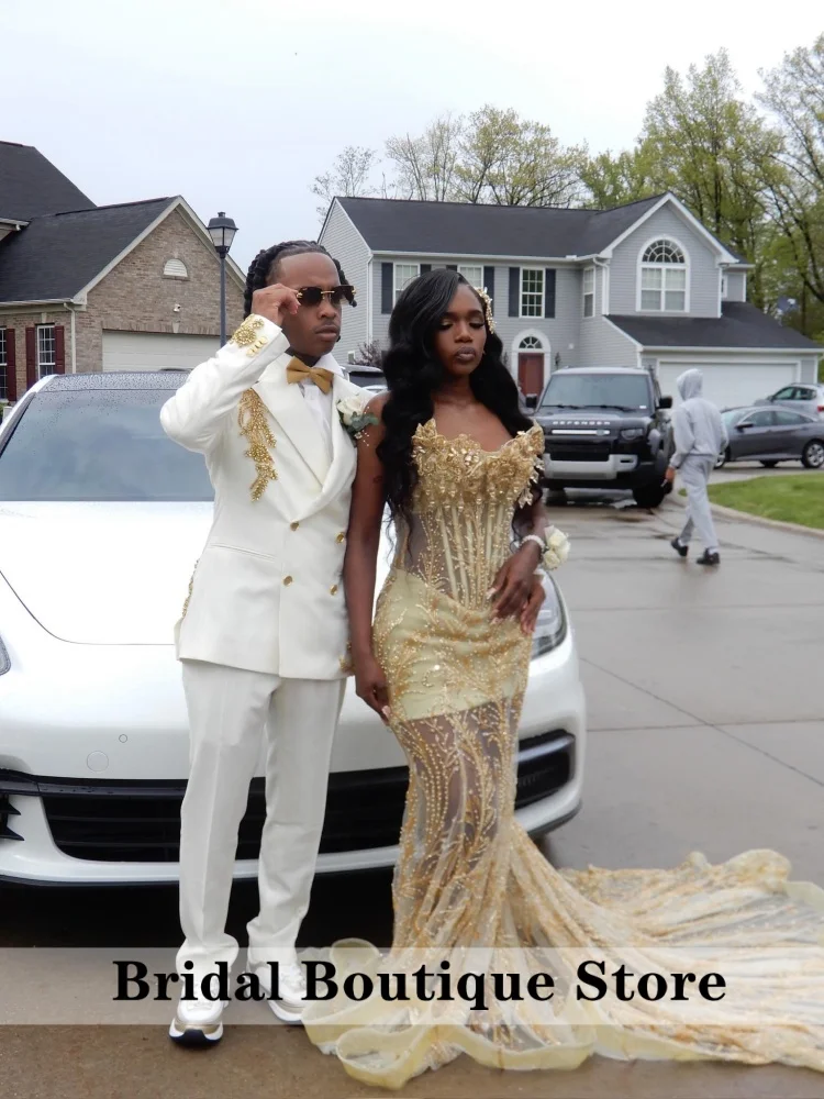 

Gold Long Prom Dresses For Black Girls Sweetheart Sequins Beaded Diamonds Evening Gowns Birthday Party Robe Customized