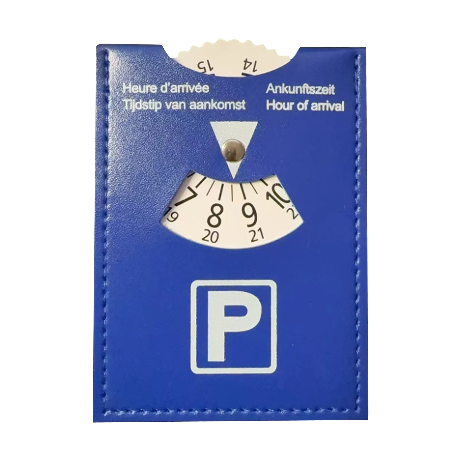 Blaue Parkscheibe aus PU-Leder, 4-sprachige Version, langlebiger und wasserbeständiger Ankunftsautimer für das Auto – universelles europäisches Design
