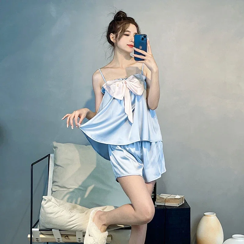 Big Bow Camisole Shorts Women's Pajamas Homewear Pure Lust Style Solid Nightgown Housewear 2024 New Summer Sleepwear Lounge Y2k