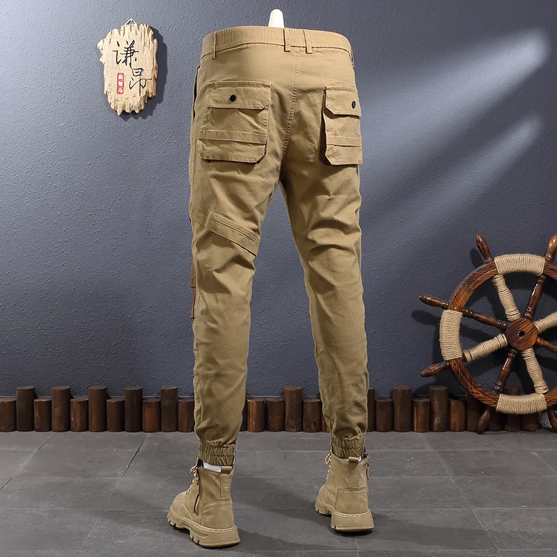 2024 New Khaki Stitching Contrast Color Ankle Banded Working Pants Men's Fashion Elastic Slim Fit Feet Outdoor Casual Pants