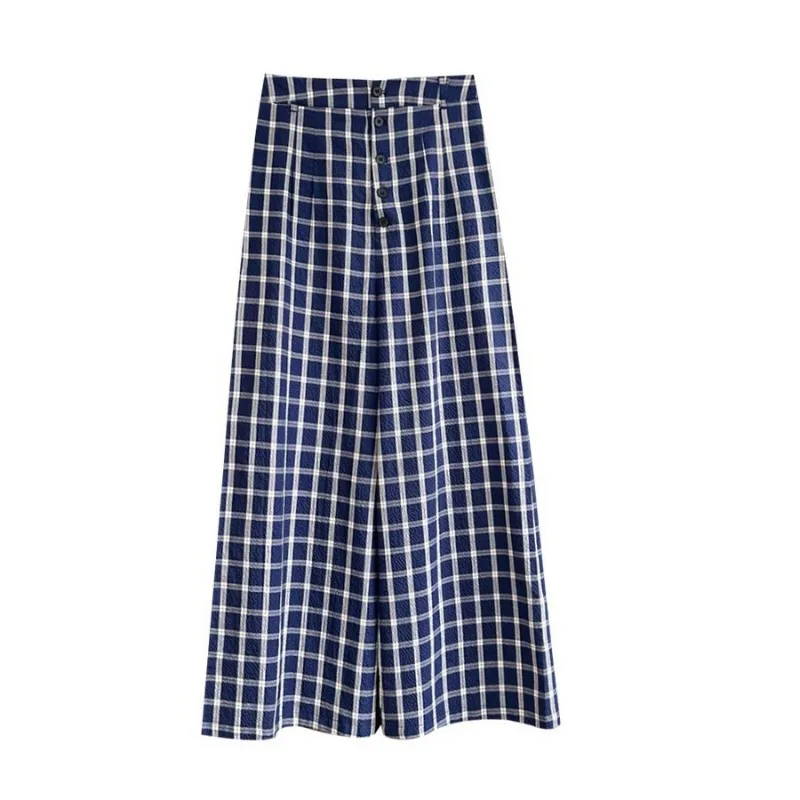 Japanese Plaid Wide Leg Pants Women Spring Autumn Straight Trouser Pocket Button Fashion Loose Casual Pants Lazy Y2k Clothes