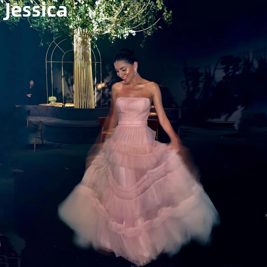 Jessica Pink Princess Prom Dresses 2024 Multiple Layers Of Tulle Evening Dress Strapless Elegant Lady Wedding Party Dress