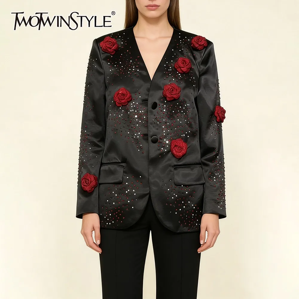 

TWOTWINSTYLE Black Spliced 3D Flowers Streetwear Jacket Female V Neck Long Sleeve Loose Light Luxury Women's Jackets Fashion New