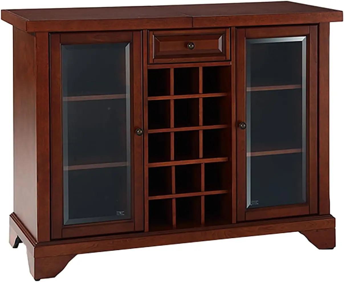 Sliding Top Bar Cabinet with Storage Shelves Drawer and Wine Rack Vintage Mahogany Solid Hardwood and Veneer Construction