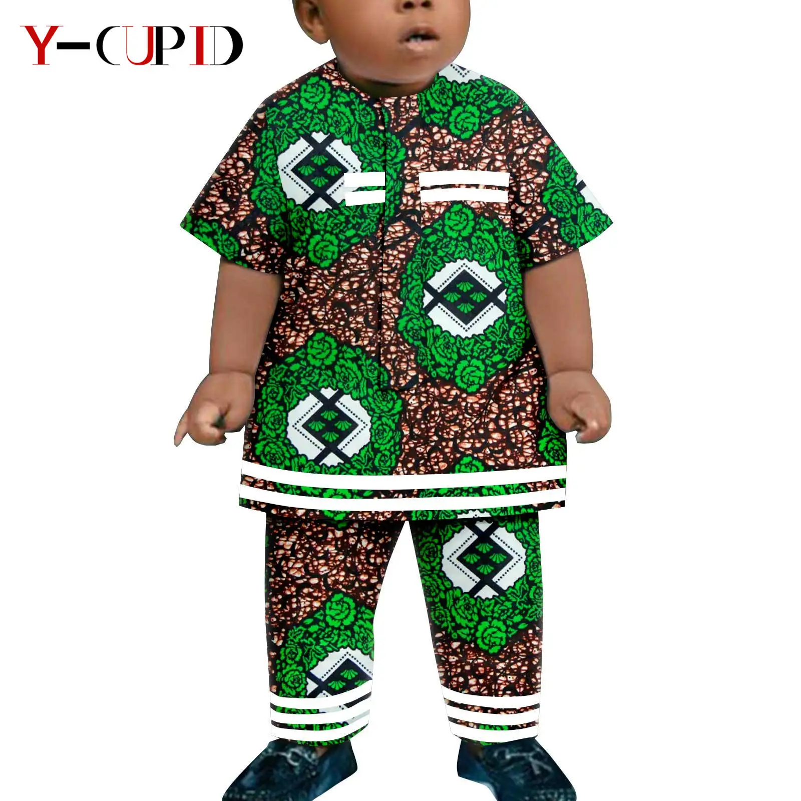 

African Clothes for Boys Outfits Dashiki Summer Striped Top and Pant Sets Bazin Riche Kid Children Cotton Print Outwear Y234021