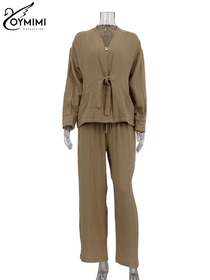 Oymimi Casual Cotton Khaki 2-częściowe zestawy damskie Eleganckie sznurowane koszule z długim rękawem i proste spodnie do kostek Zestaw damski