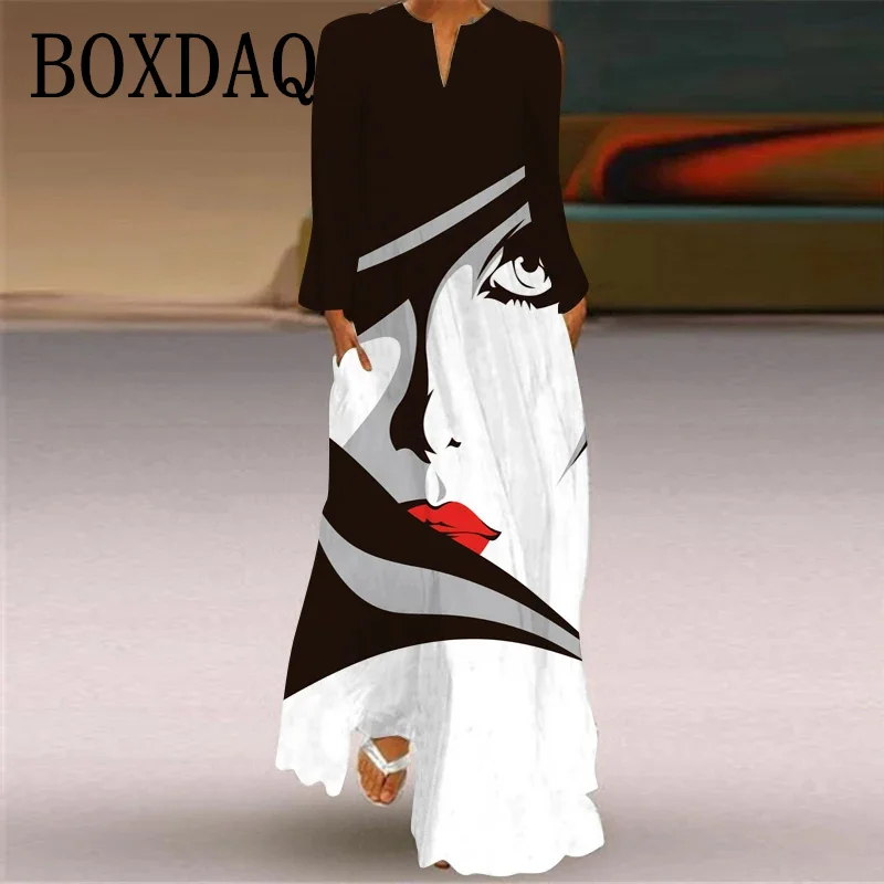 Ladies Spring Autumn Long Dress Women Long Sleeve V-neck Elegant Party Casual Mask Hand Drawn Face Printed Vintage 3D Maxi Dress