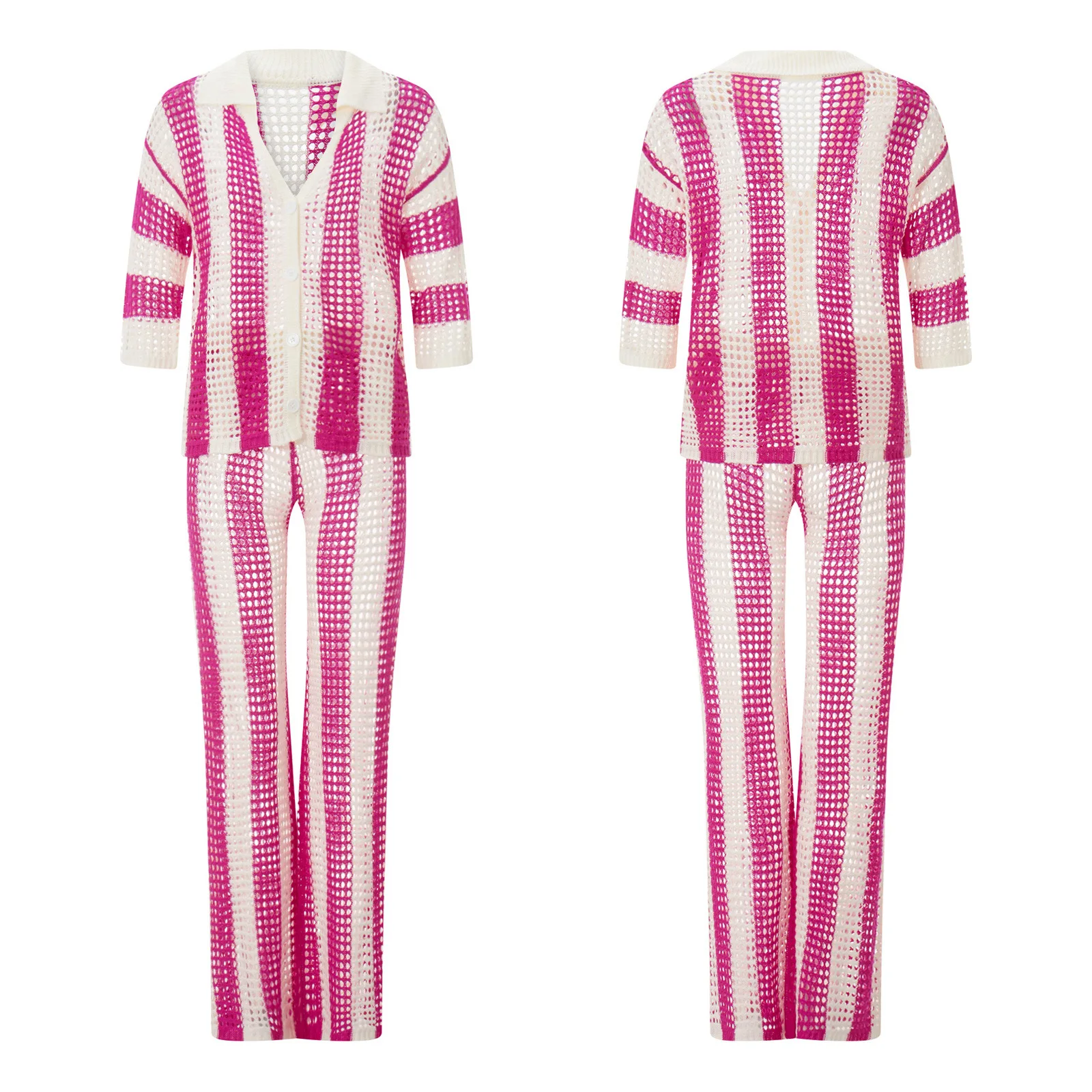 Set di pantaloni a gamba larga lavorati a maglia larghi con scollo a V alla moda estiva da donna