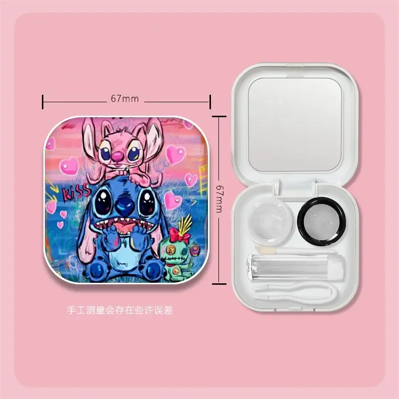 Disney Stitch Fashion Contact Lens Case Beauty Eye Box Container Cartoon Mini Glasses Care Box Storage Box with Tweezer Mirror