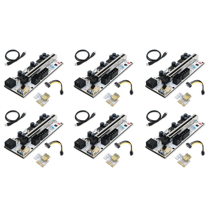 

6 шт. графического расширения VER 010-X PCIE Riser от 1X до 16X со светодиодной вспышкой для майнинга биткойнов и графическим процессором, адаптерная карта Riser