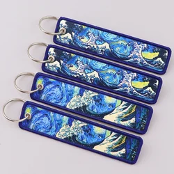 Japanese Waves Art Drawing Embroidery Key Fobs Backpack Key Tags Motorcycles Keychain Keyrings Cosplay Accessories Gift