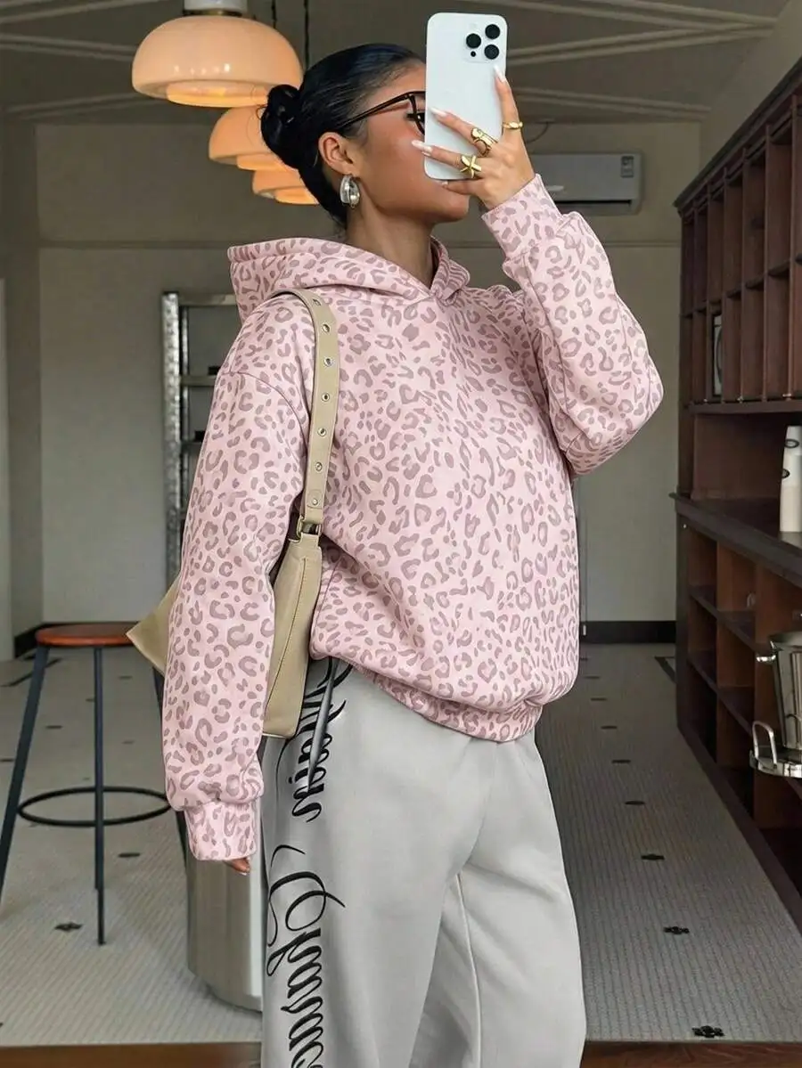 Women's Autumn Winter Leopard Print Long Sleeve Hooded Pullover Sweatshirt