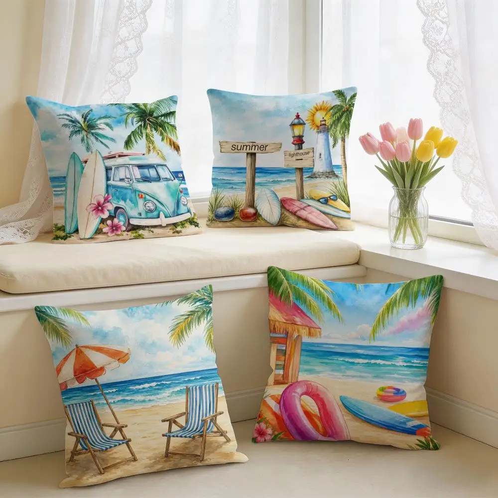 Beach Sunset Surf Days Cushion Cover Silky Short Plush Invisible Zipper Dustproof Sofa Pillow Case for Home Decor