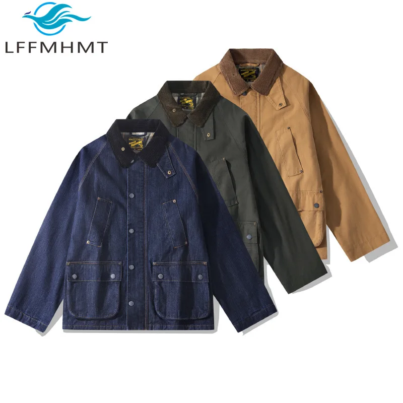 Men Women Vintage Raw Denim Hunting Jacket Corduroy Collar Multi Pocket Canvas Workwear Mid Length Casual Outerwear 100% Cotton