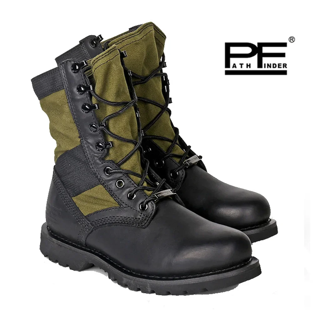 Pf Genuine Leather Men's Motorcycle Boots Outdoor Combat Boots Non-Slip Mid-calf Hiking Boots High-Top Shoes