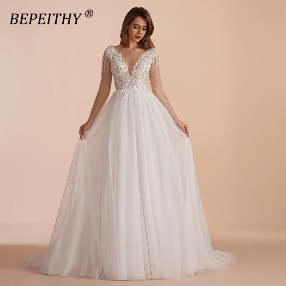 BEPEITHY Customized Scoop Long Sleeves Beading Bodice Wedding Dresses 2023 For Women Bride A Line Floor Length Bridal Party Gown